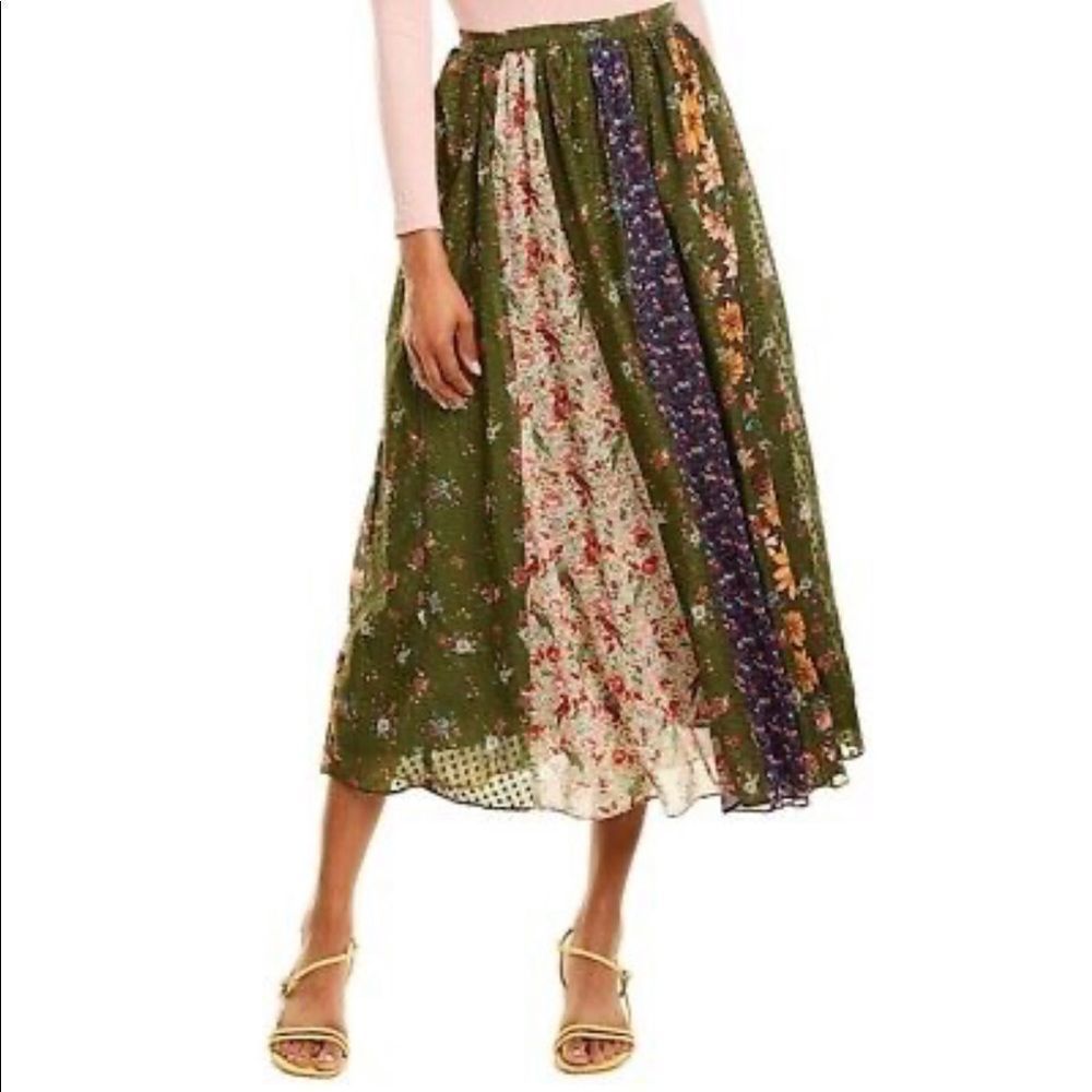 FARM Rio Olive Green Multi-Panel Floral Midi Skirt